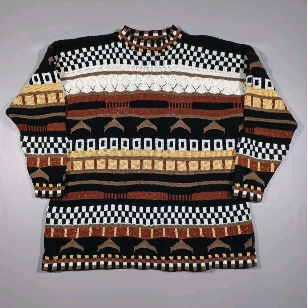 Arielle Sweater Womens L‎ Brown Black Gold Pullover  Made In USA Vintage